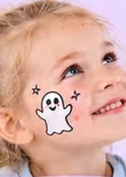 A smiling girl with a little ghost face-painted on her cheek